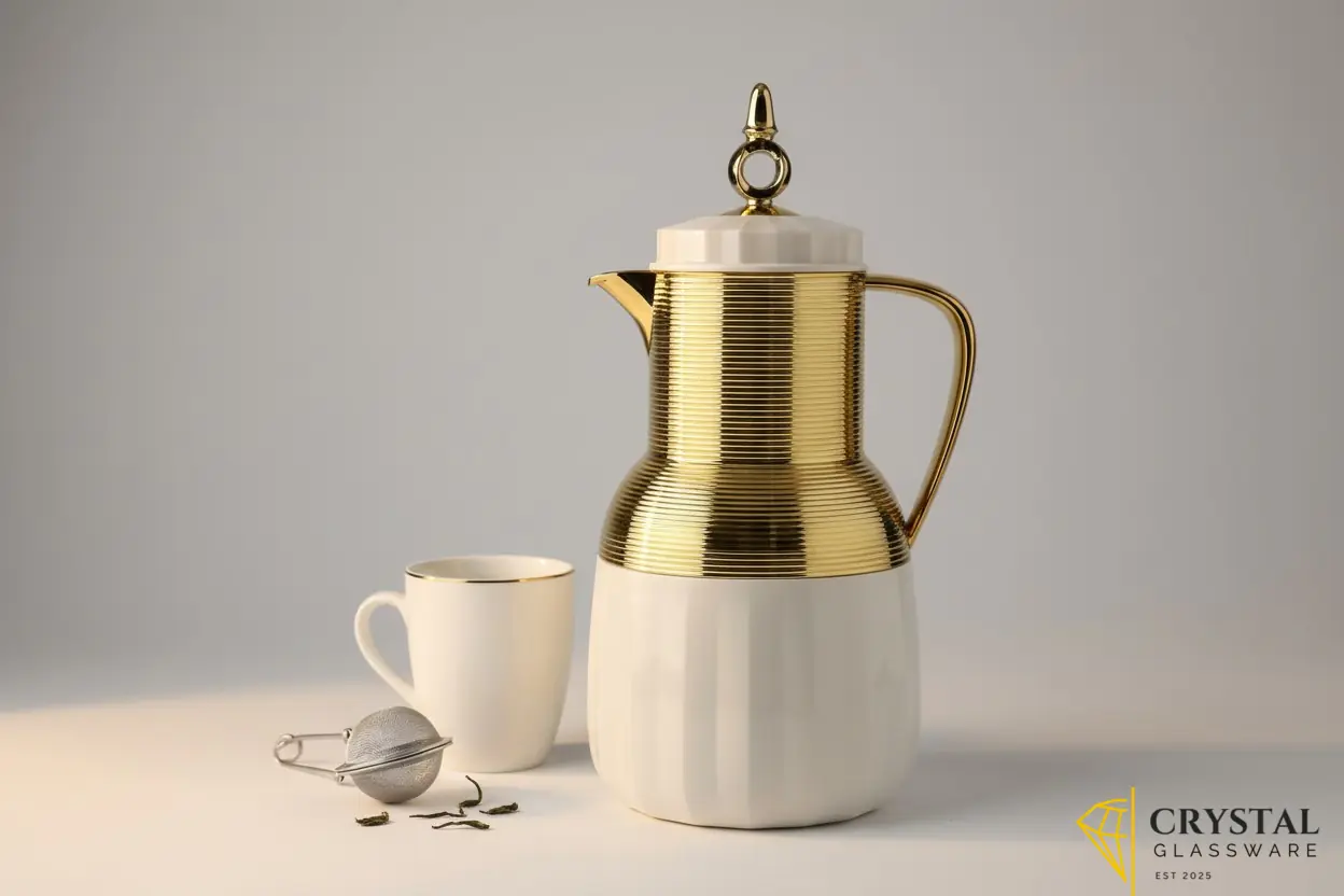 Vacuum flask featuring a gold-toned ribbed upper body and a white base with a decorative crown lid